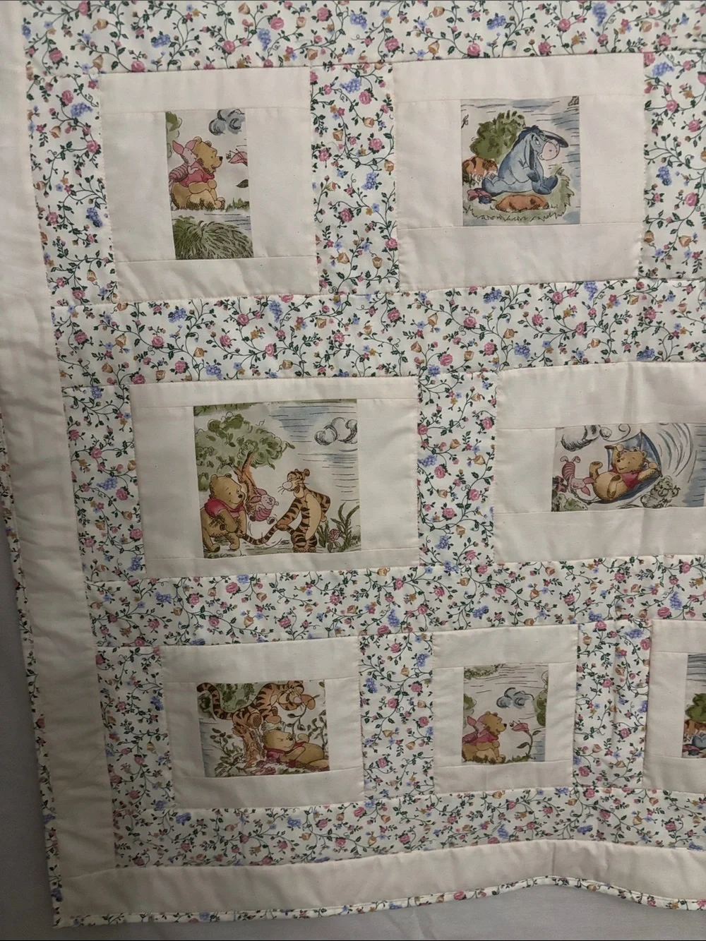 Cream Floral Baby Quilt with Winnie the Pooh characters